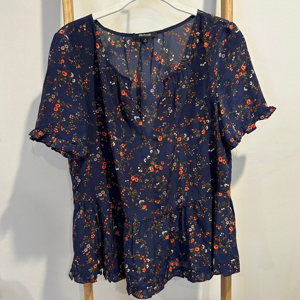 Madewell | Silk Navy Blouse with Flower Pattern | Size: M